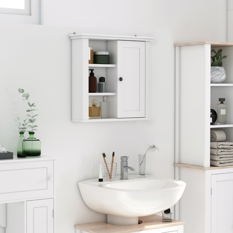 HOMCOM Bathroom Wall Cabinet, Wall Mounted Medicine Cabinet with 3 Open Shelves and Storage Cupboard for Laundry Room, White