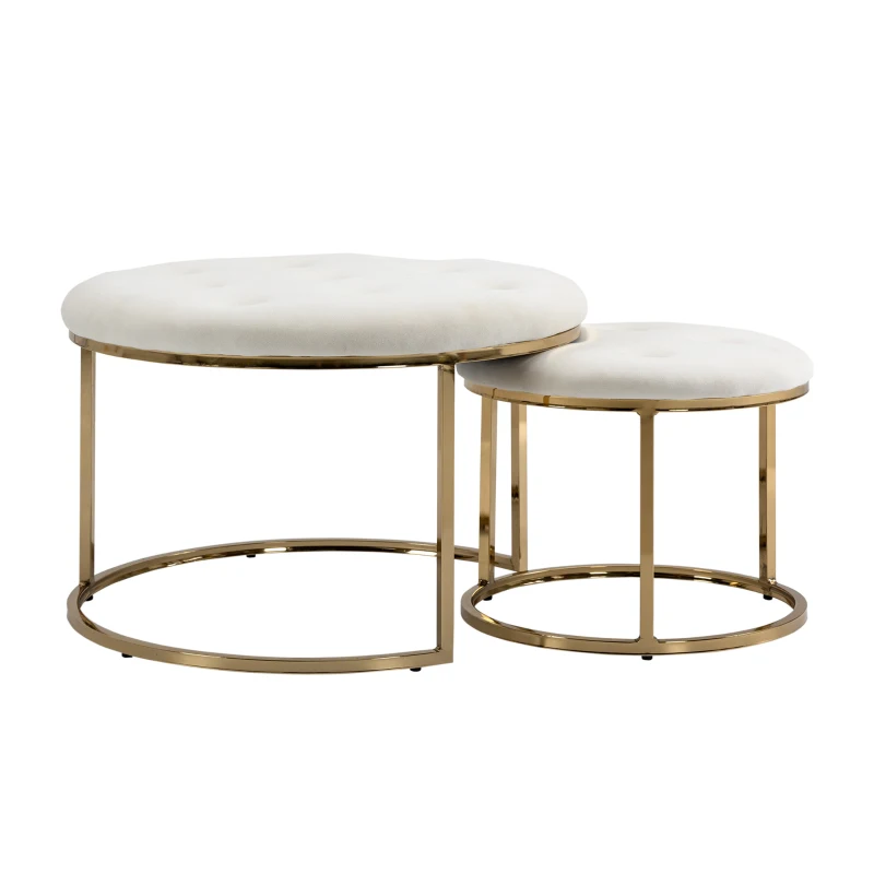 HOMCOM Nesting Coffee Table Set of 2, Round End Tables with Velvet-Feel Button Tufted Top for Living Room, Home Office, White