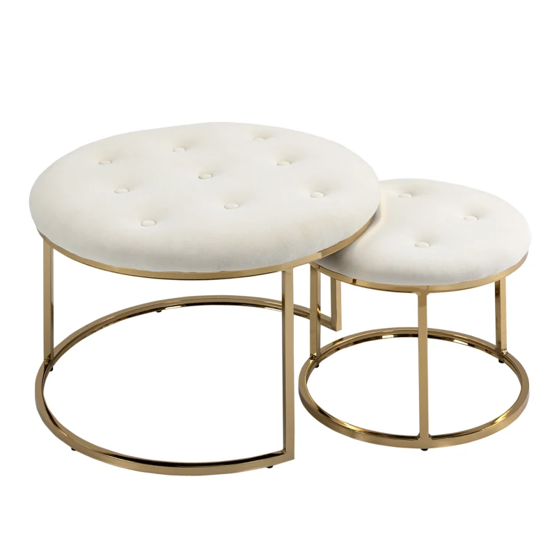 HOMCOM Nesting Coffee Table Set of 2, Round End Tables with Velvet-Feel Button Tufted Top for Living Room, Home Office, White