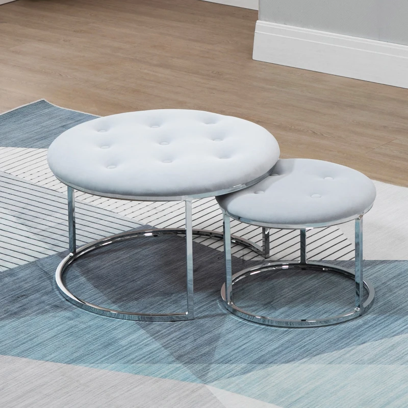 HOMCOM Nesting Coffee Table Set of 2, Round End Tables with Velvet-Feel Button Tufted Top for Living Room, Home Office, Grey
