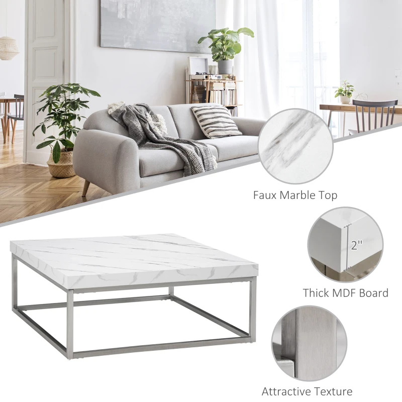 HOMCOM Square Coffee Table with Faux Marble Tabletop, Low Table for Sitting on The Floor, Stainless Steel Frame for Living Room, White