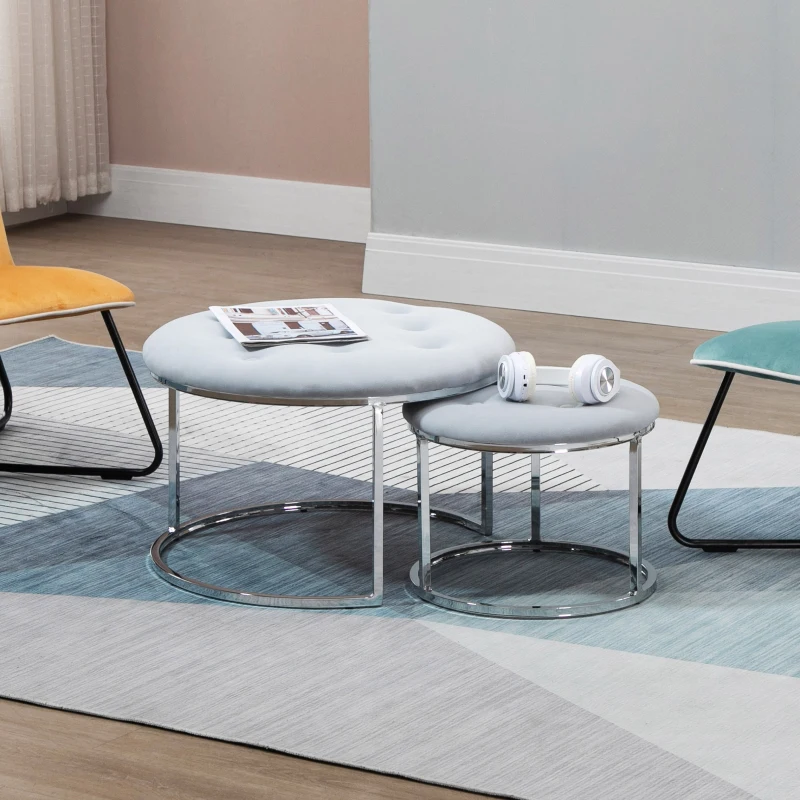 HOMCOM Nesting Coffee Table Set of 2, Round End Tables with Velvet-Feel Button Tufted Top for Living Room, Home Office, Grey