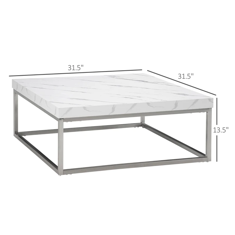 HOMCOM Square Coffee Table with Faux Marble Tabletop, Low Table for Sitting on The Floor, Stainless Steel Frame for Living Room, White