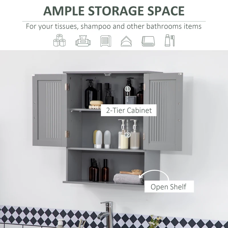 kleankin Modern Bathroom Cabinet, Wall Mounted Medicine Cabinet, Storage Organizer with 2 Door Cabinet and Shelf, Grey