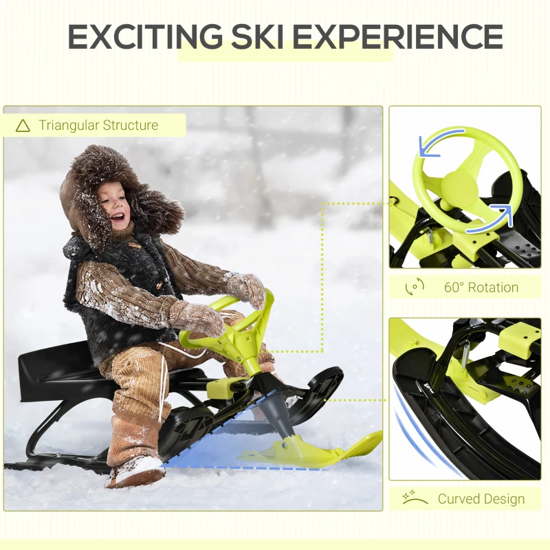 Outsunny Kids Snow Sled, Ski Sled Slider Board,  Racer Snowmobile, with Foot Break, Pull Rope, Steering Wheel, for Downhill and Uphill, Age 5 & up, Gift for Boys & Girls