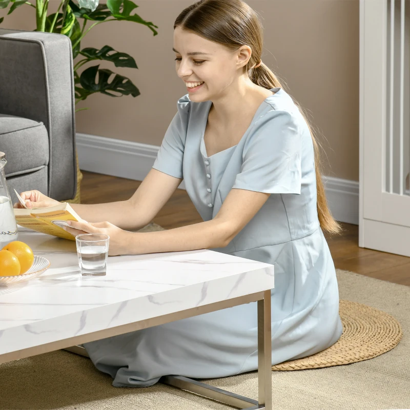 HOMCOM Square Coffee Table with Faux Marble Tabletop, Low Table for Sitting on The Floor, Stainless Steel Frame for Living Room, White