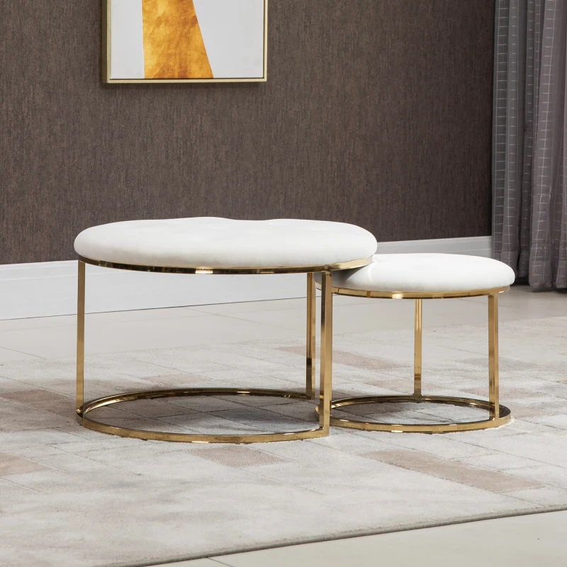 HOMCOM Nesting Coffee Table Set of 2, Round End Tables with Velvet-Feel Button Tufted Top for Living Room, Home Office, White