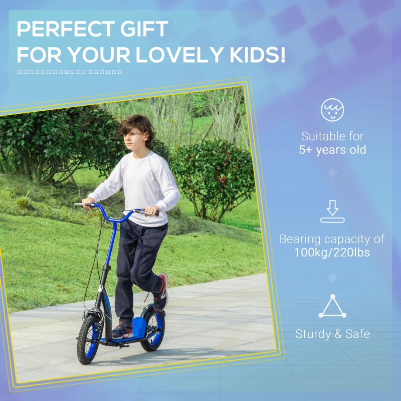 Aosom Kids Kick Scooter Adjustable Height, Front Rear Dual Brakes, 12-Inch Inflatable Rubber Wheels, for 5+ Years, Blue