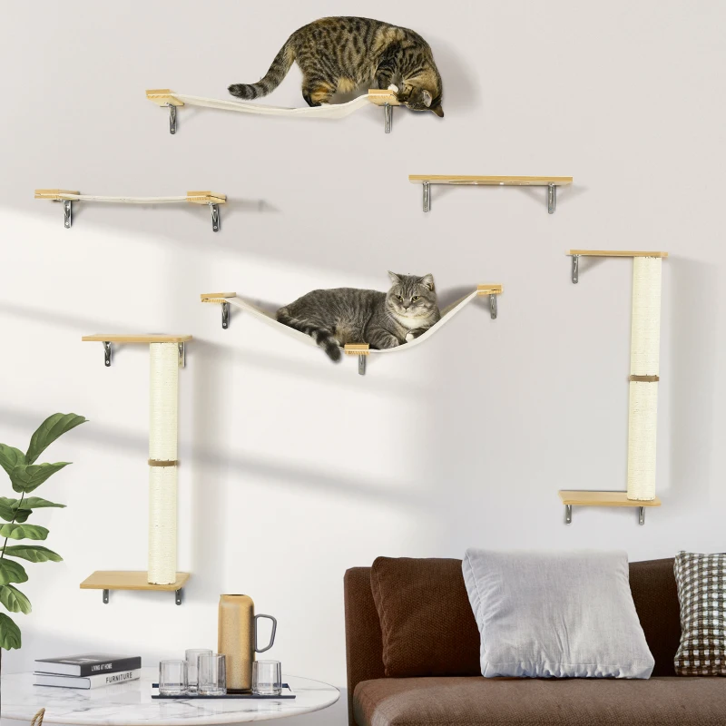 PawHut 6PCs Cat Wall Shelves Pet Wall-mounted Climbing Shelf Set with Scratching Posts Jumping Platforms Ladder Oak