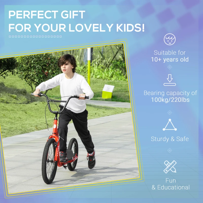 Aosom Youth Scooter Adjustable Height, Front Rear Dual Brakes, Inflatable Wheels 20-Inch 16-Inch, for 10+ Years, Red