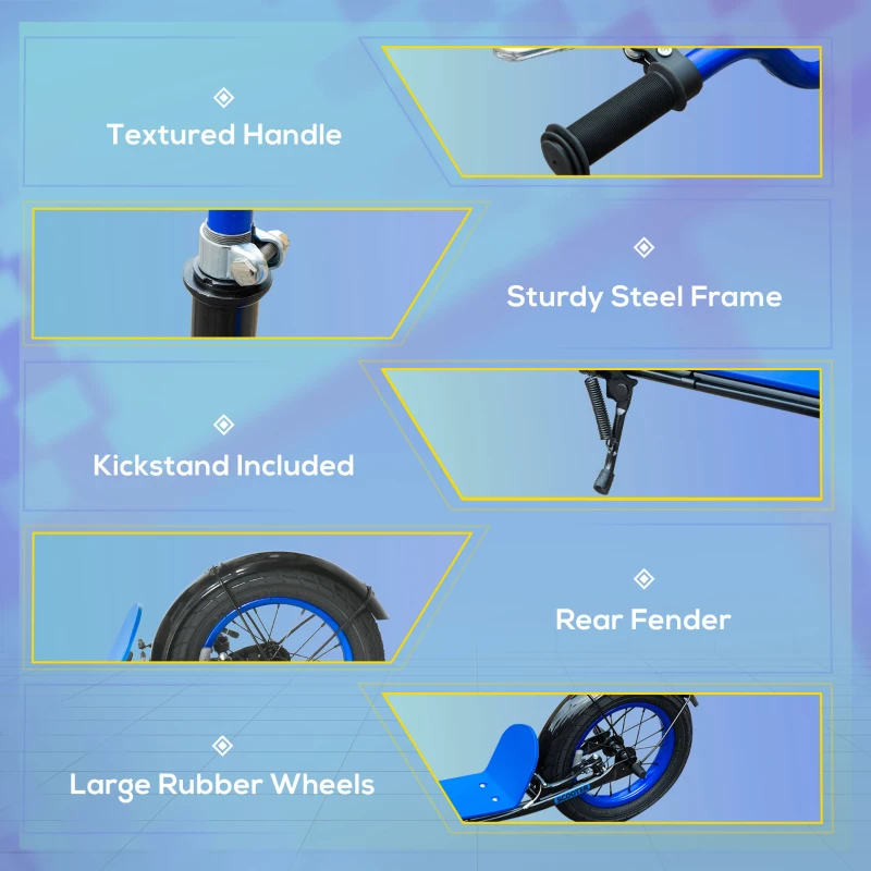 Aosom Kids Kick Scooter Adjustable Height, Front Rear Dual Brakes, 12-Inch Inflatable Rubber Wheels, for 5+ Years, Blue