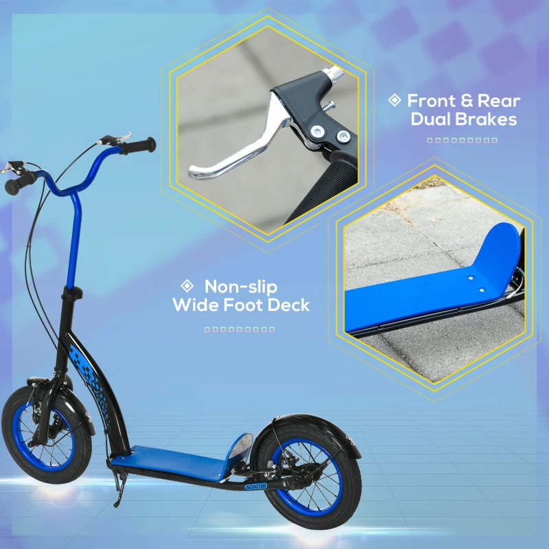 Aosom Kids Kick Scooter Adjustable Height, Front Rear Dual Brakes, 12-Inch Inflatable Rubber Wheels, for 5+ Years, Blue