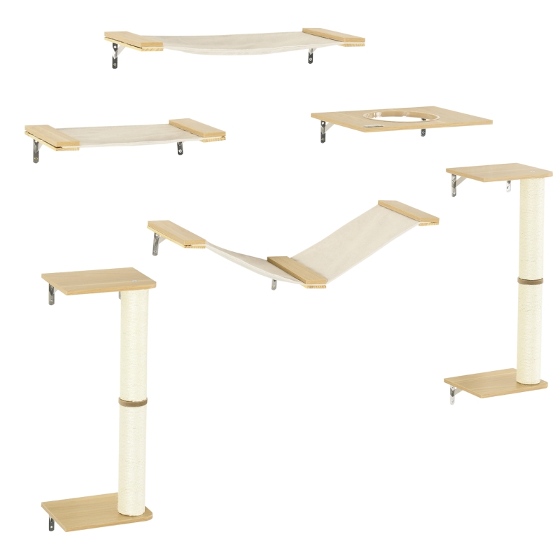 PawHut 6pc Cat Wall Shelves, Pet Wall-mounted Climbing Shelf Set with Scratching Posts Jumping Platforms Ladder Oak