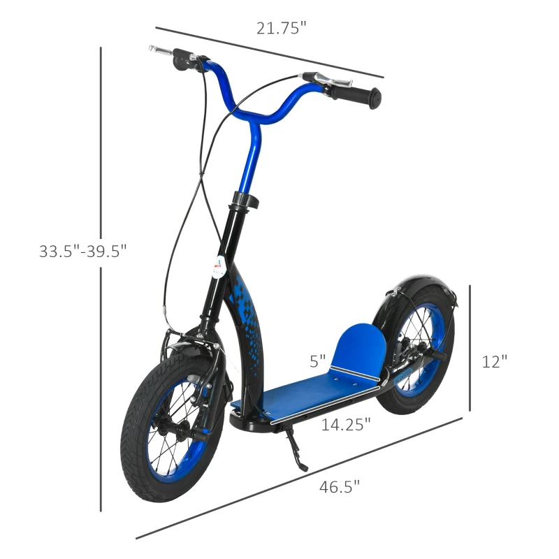 Aosom Kids Kick Scooter Adjustable Height, Front Rear Dual Brakes, 12-Inch Inflatable Rubber Wheels, for 5+ Years, Blue