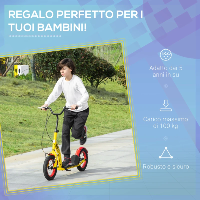 Aosom Kids Kick Scooter Adjustable Height, Front Rear Dual Brakes, 12-Inch Inflatable Rubber Wheels, for 5+ Years, Yellow