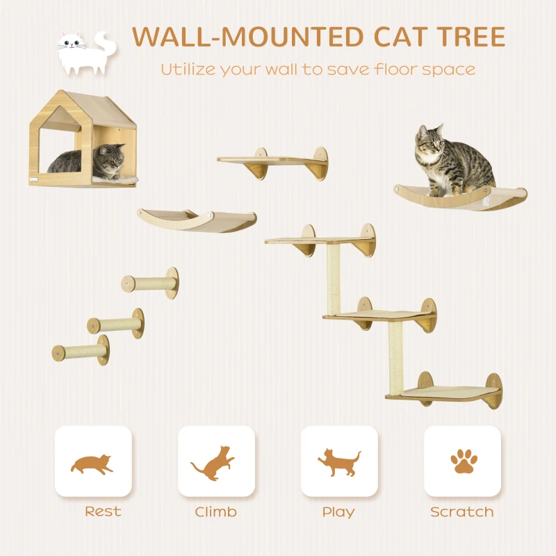 PawHut 8PCs Cat Wall Shelves Pet Wall-mounted Climbing Shelf Set with Cushion Condo Scratching Posts Hammock Oak