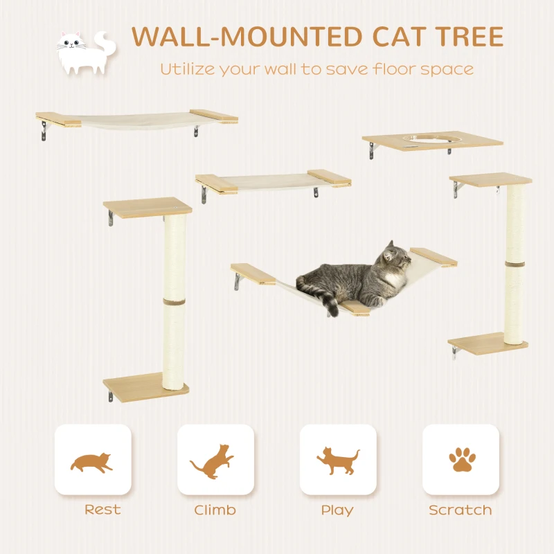 PawHut 6PCs Cat Wall Shelves Pet Wall-mounted Climbing Shelf Set with Scratching Posts Jumping Platforms Ladder Oak