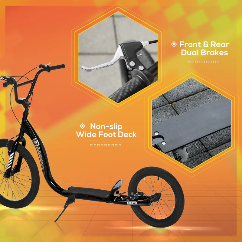 Aosom Youth Scooter Adjustable Height, Front Rear Dual Brakes, Inflatable Wheels 20-Inch 16-Inch, for 10+ Years, Black