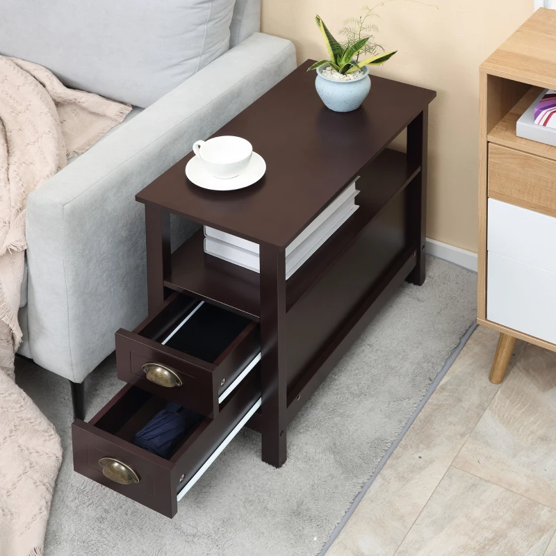 HOMCOM Slim End Table with 2 Drawers and Storage Shelf, Sofa Side Table for Living Room, Narrow Nightstand, Coffee