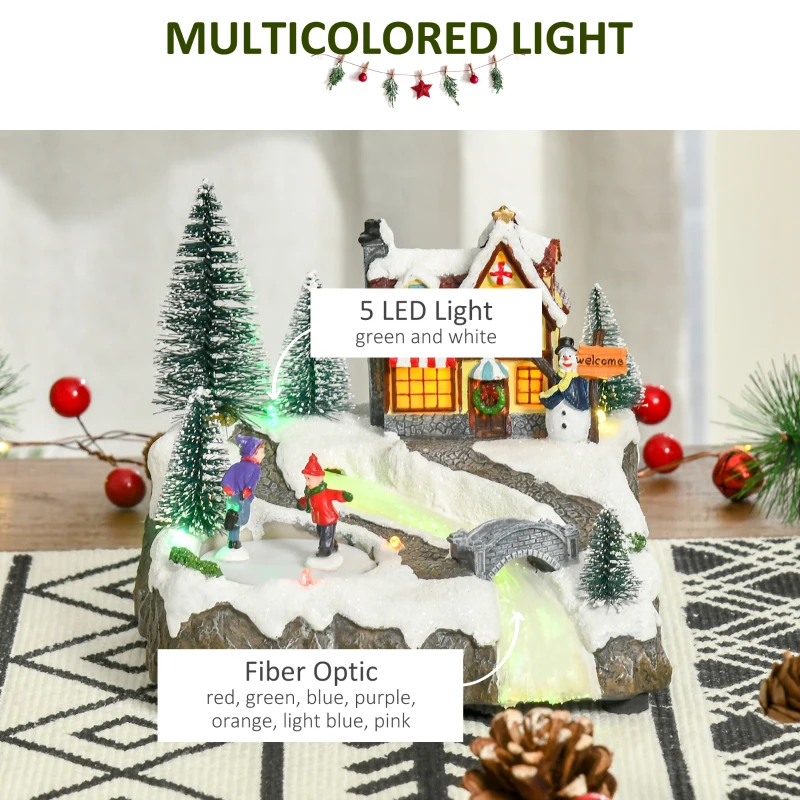 HOMCOM Christmas Village, Rotating Skating Pond Animated Winter Wonderland Set with Multicolored LED Light, Music, Fiber Optic, Battery-Operated Christmas Decoration