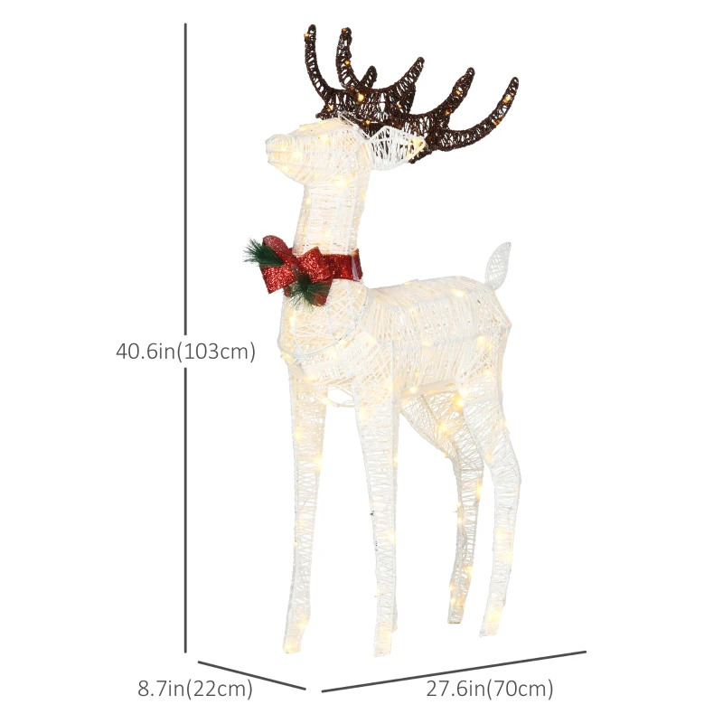 Outsunny Light Up Reindeer Christmas Decoration, Outdoor Lighted Deer Xmas Decor with 100 LED Lights and 4 Ground Stakes for Holiday, Lawn, Garden, Yard, White