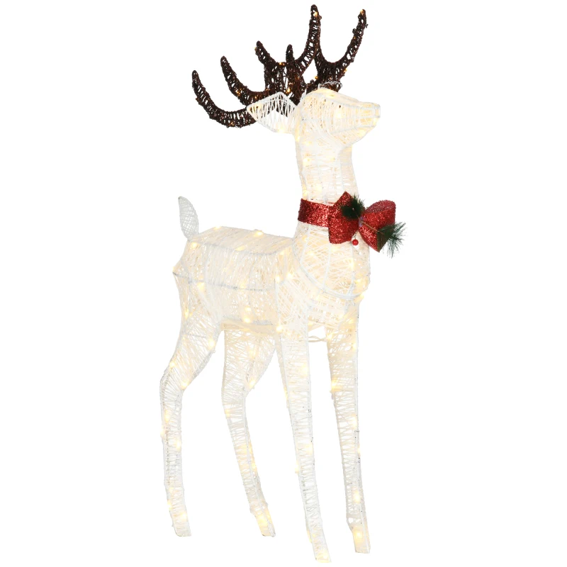 Outsunny Light Up Reindeer Christmas Decoration, Outdoor Lighted Deer Xmas Decor with 100 LED Lights and 4 Ground Stakes for Holiday, Lawn, Garden, Yard, White