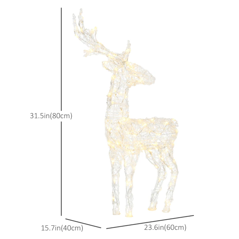 Outsunny Lighted Reindeer Christmas Decoration, Outdoor Light Up Deer Xmas Decor with 80 LED Lights and 4 Ground Stakes, White