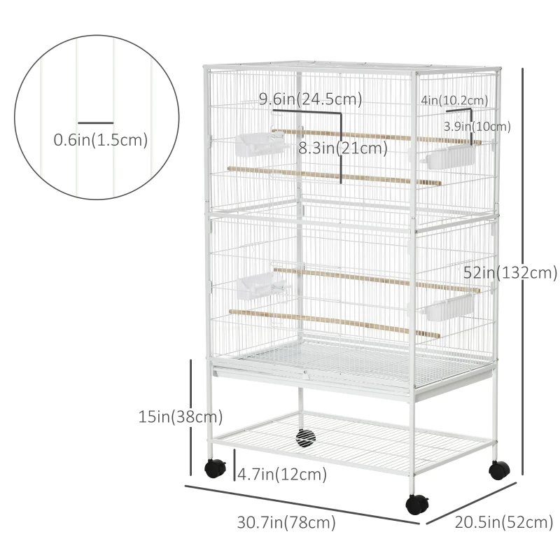 PawHut 52" Large Rolling Steel Bird Cage Bird House with Rolling Stand, Storage Shelf, Wood Perch, Food Container, White