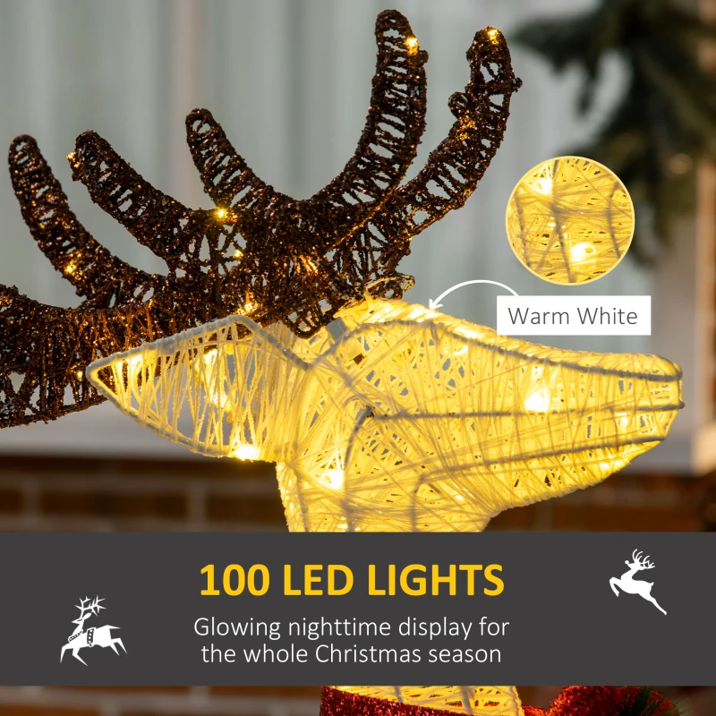 Outsunny Light Up Reindeer Christmas Decoration, Outdoor Lighted Deer Xmas Decor with 100 LED Lights and 4 Ground Stakes for Holiday, Lawn, Garden, Yard, White