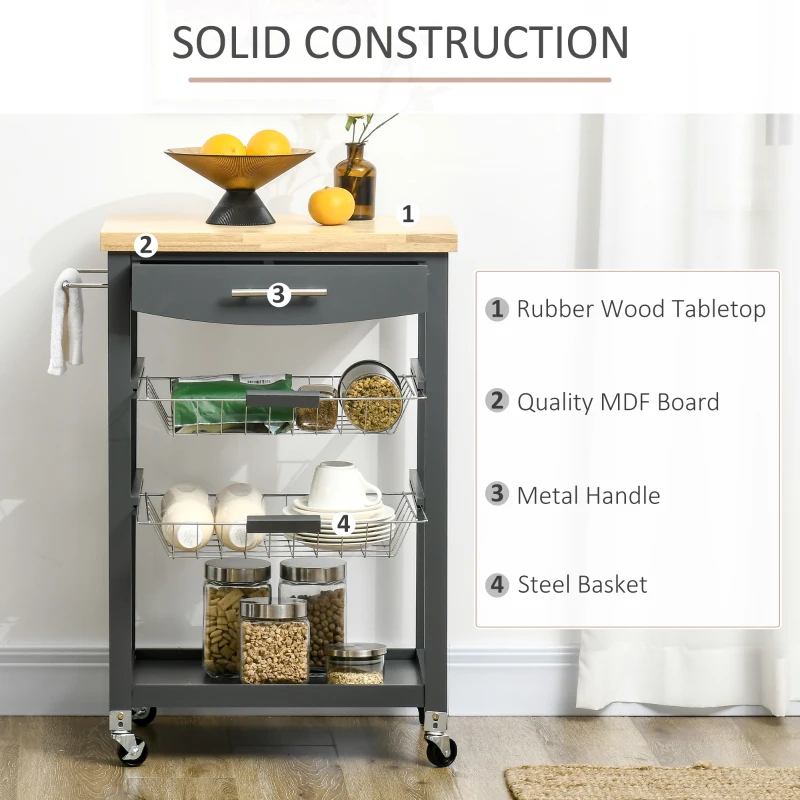 HOMCOM 3-Tier Kitchen Cart, Utility Cart with Solid Wood Top, Steel Basket, Rolling Kitchen Island with Drawer, Microwave Stand, Gray