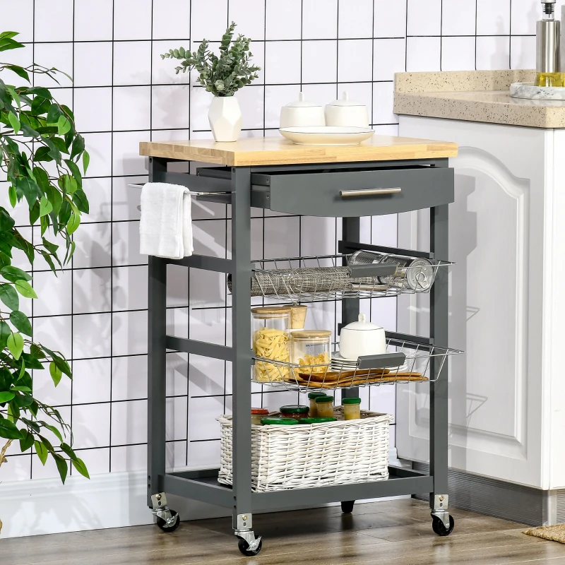 HOMCOM 3-Tier Kitchen Cart, Utility Cart with Solid Wood Top, Steel Basket, Rolling Kitchen Island with Drawer, Microwave Stand, Gray