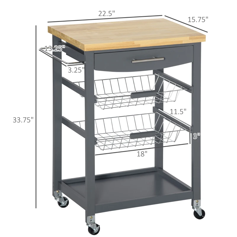HOMCOM 3-Tier Kitchen Cart, Utility Cart with Solid Wood Top, Steel Basket, Rolling Kitchen Island with Drawer, Microwave Stand, Gray