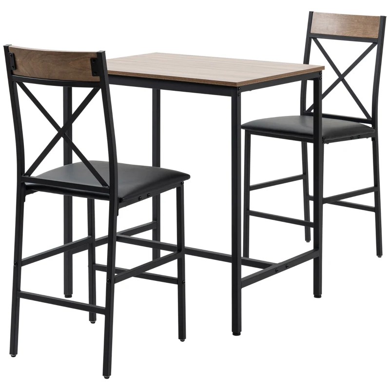 HOMCOM 3 Piece Bar Table and Chairs Set, Dining Table Set with PU Padded Stools and Steel Frame for Kitchen, Small Spaces, Brown