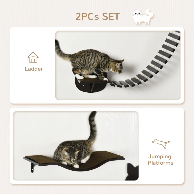PawHut 2 pcs. Cat Wall Shelves, Pet Wall-mounted Climbing Shelf Set, Kitten Activity Center with Cushion, Jumping Platform, Ladder, Coffee Brown