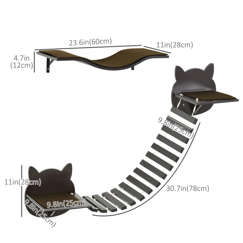 PawHut 2 pcs. Cat Wall Shelves, Pet Wall-mounted Climbing Shelf Set, Kitten Activity Center with Cushion, Jumping Platform, Ladder, Coffee Brown