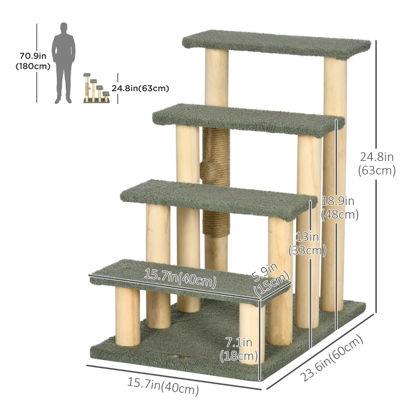 PawHut 4-Level Pet Dog Cat Stairs, 25" Cat Tree Tower with Sisal Scratching Posts and Ball Toy, Green