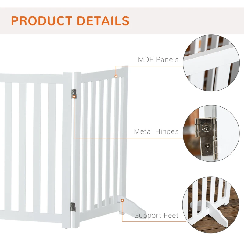 PawHut Foldable Dog Gate with Door, 4 Panels Freestanding Pet Gate with Support Feet Indoor Playpen for Medium Dogs and Below, White