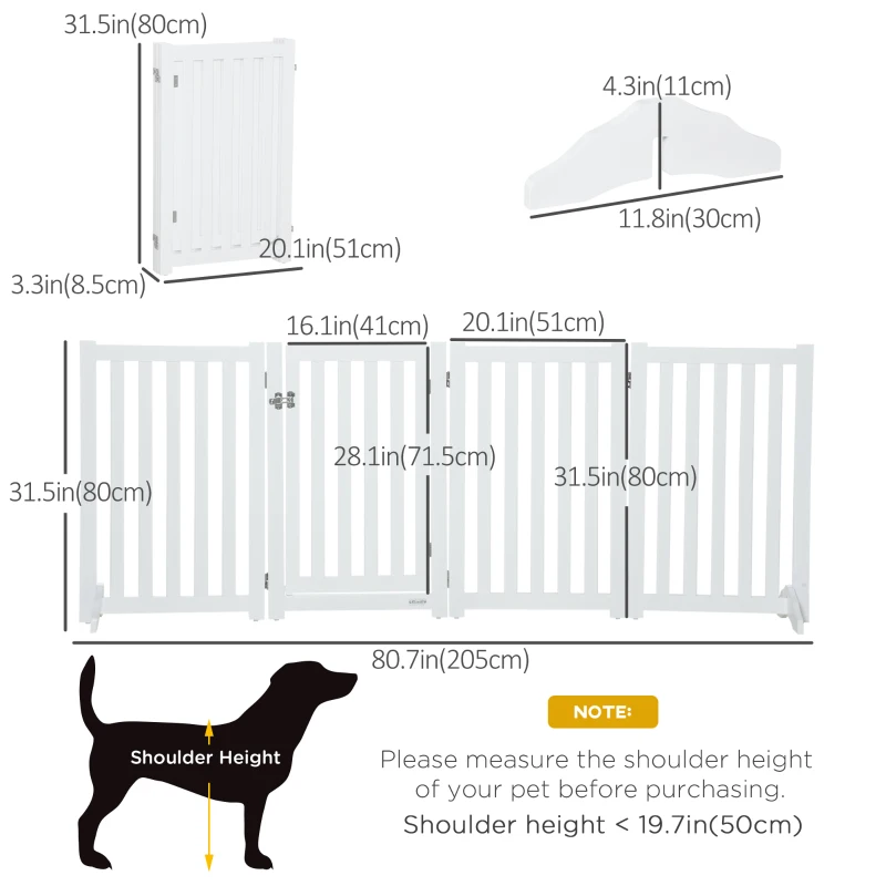 PawHut Foldable Dog Gate with Door, 4 Panels Freestanding Pet Gate with Support Feet Indoor Playpen for Medium Dogs and Below, White
