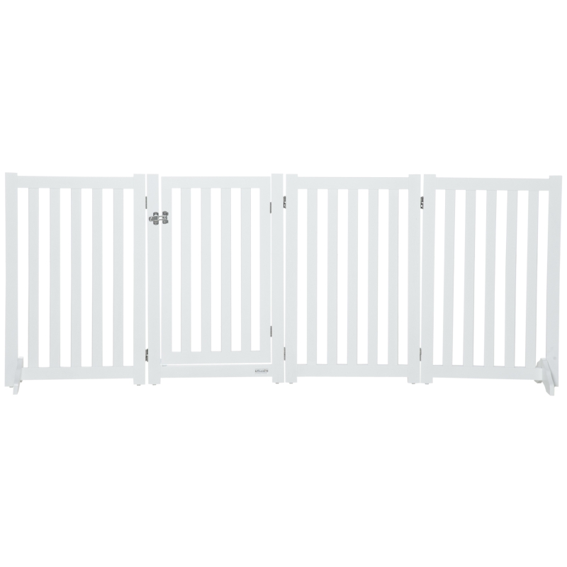 PawHut Foldable Dog Gate with Door, 4 Panels Freestanding Pet Gate with Support Feet Indoor Playpen for Medium Dogs and Below, White