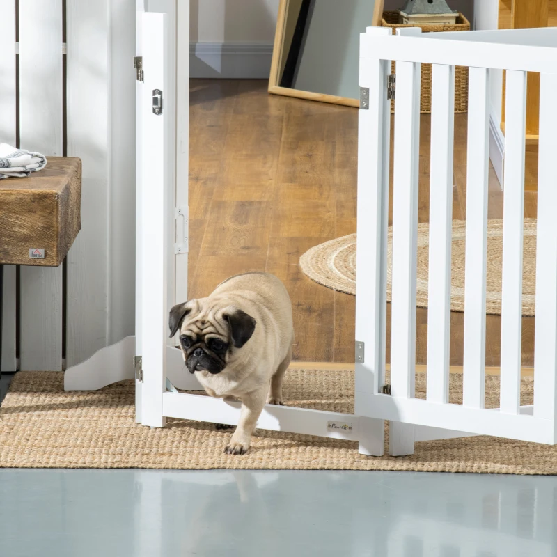PawHut Foldable Dog Gate with Door, 4 Panels Freestanding Pet Gate with Support Feet Indoor Playpen for Medium Dogs and Below, White
