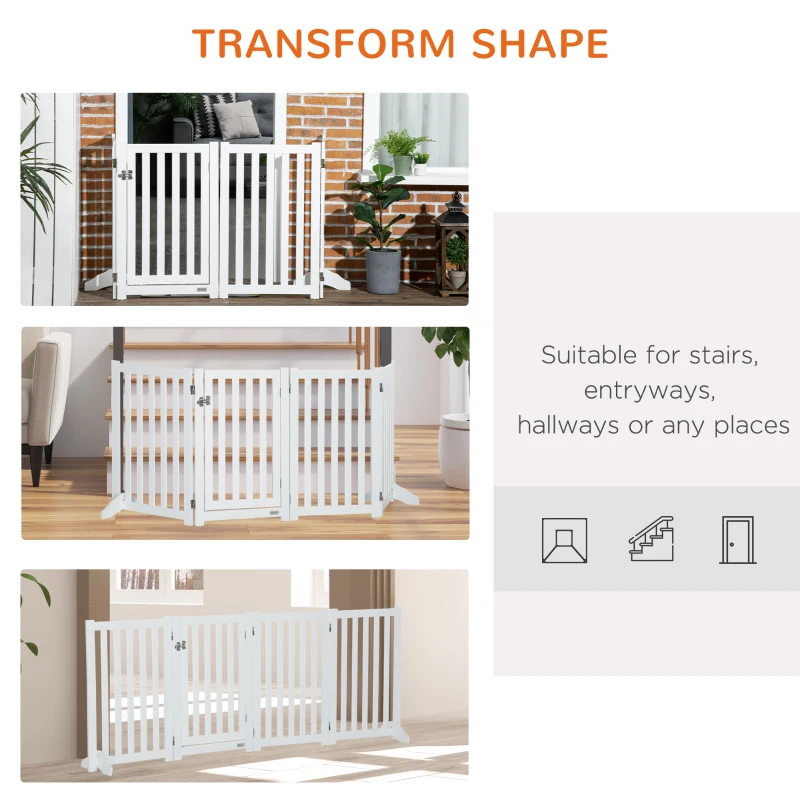 PawHut Foldable Dog Gate with Door, 4 Panels Freestanding Pet Gate with Support Feet Indoor Playpen for Medium Dogs and Below, White