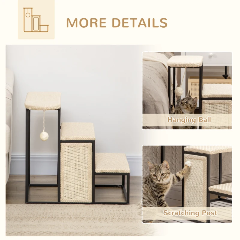 PawHut 20" 3 Steps Cat Stairs, Carpeted Ladder Ramp, Pet Steps with Scratching Board and Hanging Ball for Small Cats, Steel Frame, Cream White