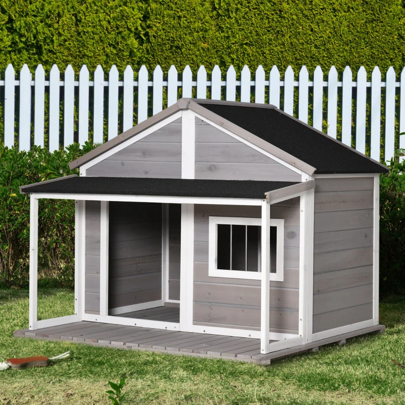 PawHut Outdoor Dog House Cabin Style, Wooden Raised Pet Kennel with Asphalt Roof, Front Door, Side Windows, Deck for Medium/Large Dogs, 53 Lbs., Grey
