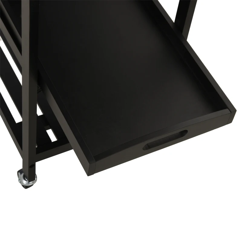 HOMCOM Pine 3-Tier Multifunction Kitchen Rolling Island Cart with Open Storage Shelves, Wine Rack & Stainless Steel Top