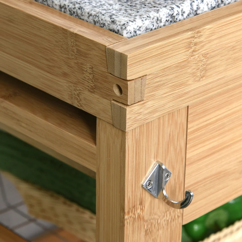 HOMCOM Bamboo Rolling Kitchen Island on Wheels Storage Cart with Granite Top, a Slide-Out Basket & Wine Storage Rack