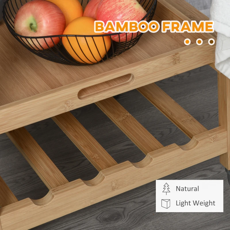 HOMCOM Bamboo Rolling Kitchen Island on Wheels Storage Cart with Granite Top, a Slide-Out Basket & Wine Storage Rack