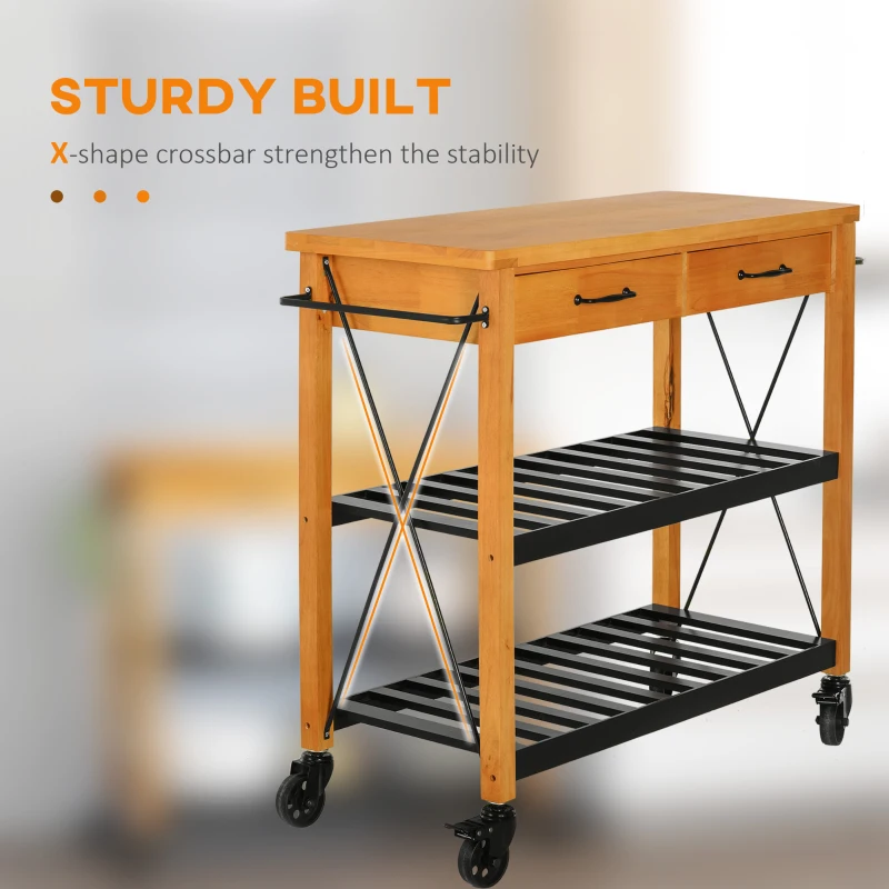 HOMCOM 46" Kitchen Island Cart Rolling Utility Cart with 2 Drawers, Open Storage Shelves & Handle Racks