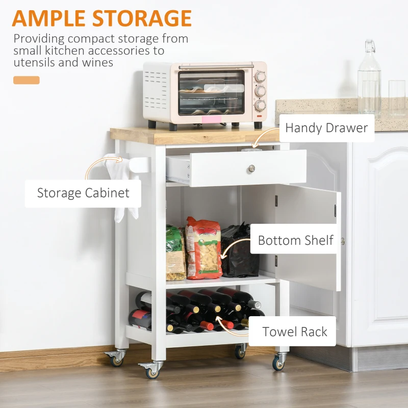 HOMCOM Utility Kitchen Cart, Rolling Kitchen Island with Smooth Rubberwood Top, Narrow Butcher Block Surface on Wheels with Storage Drawer & Cabinet, White