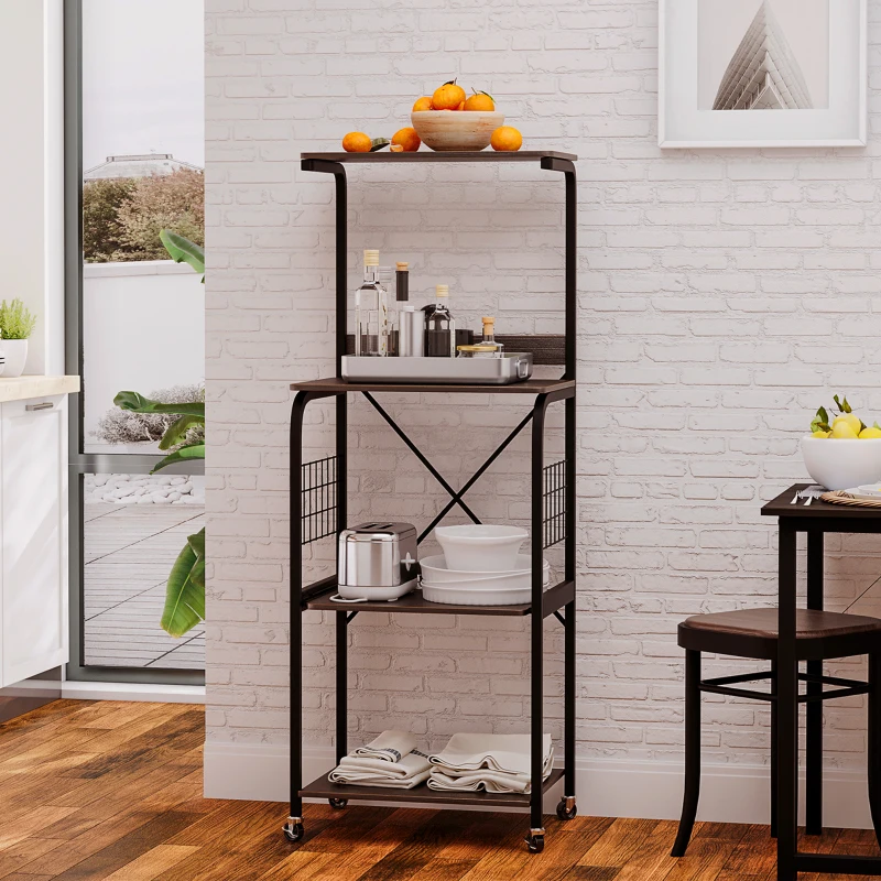 HOMCOM Kitchen Cart Rolling Microwave Stand Utility Baker's Rack Cart 4-Tier Storage Shelf on Wheels with Side Wire Grids, Black