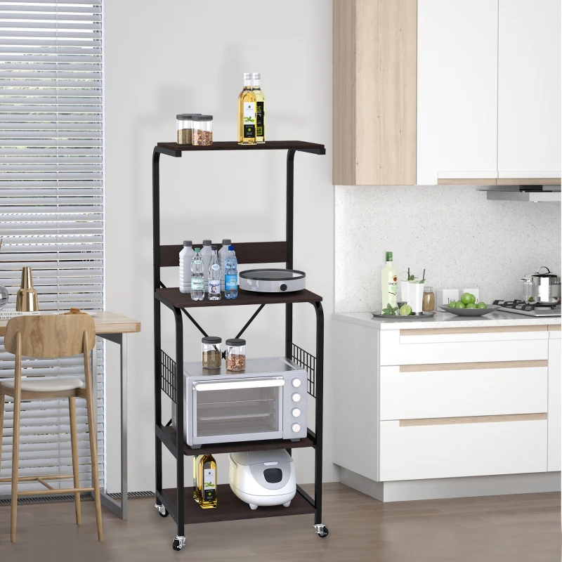 HOMCOM Kitchen Cart Rolling Microwave Stand Utility Baker's Rack Cart 4-Tier Storage Shelf on Wheels with Side Wire Grids, Black